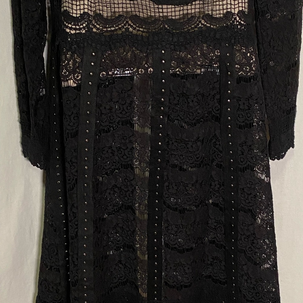 Vocal Lace Knit with Studded Faux Suede, Scalloped Hem Open Front Cardigan - Picture 8 of 13